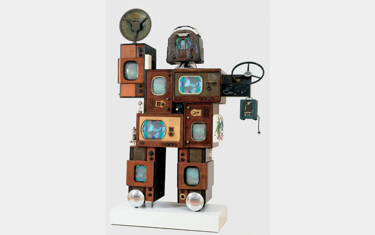Robot-like figure composed of vintage television and radio sets and equipment