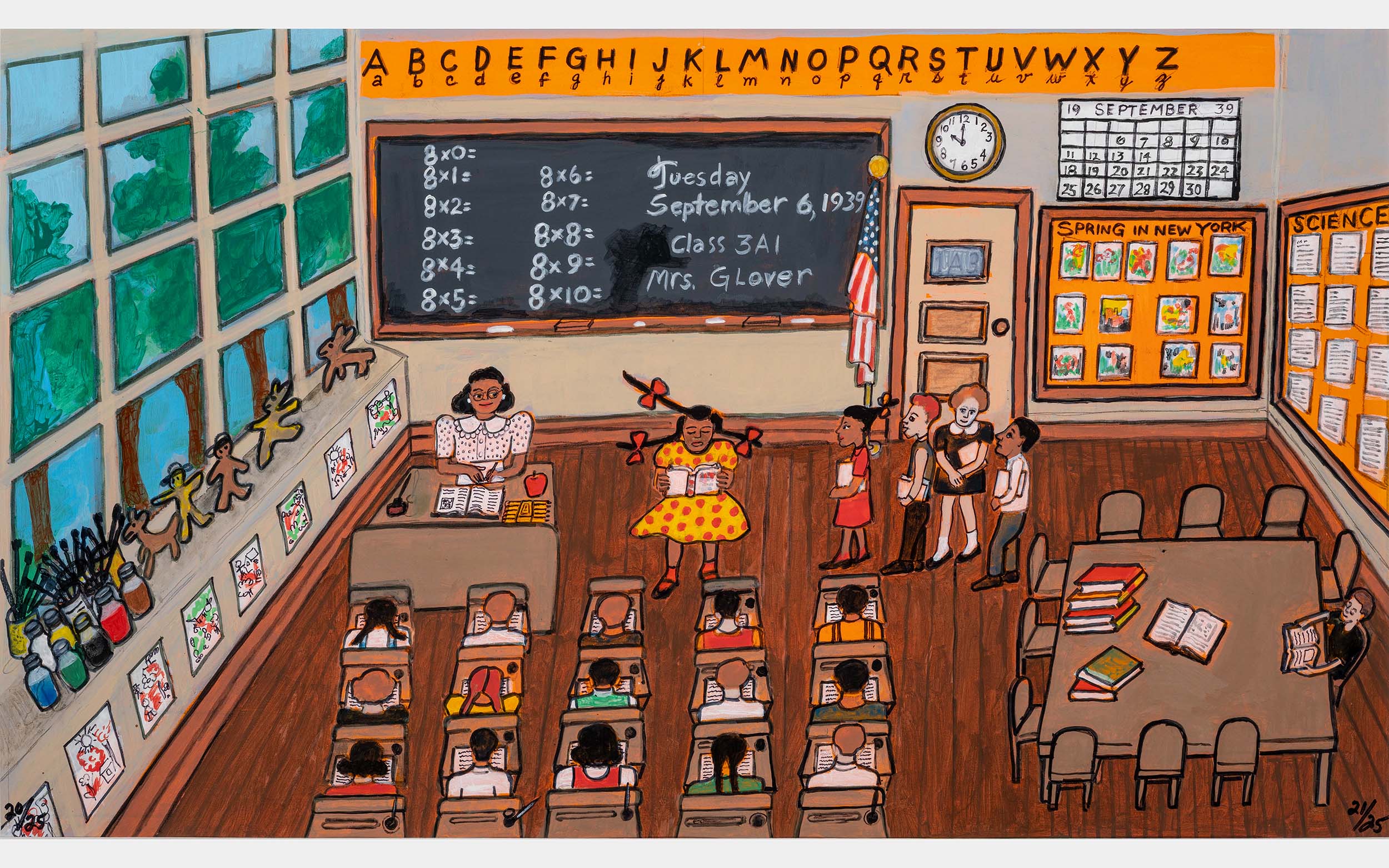 A young Black girl reads in front of her class in a large classroom