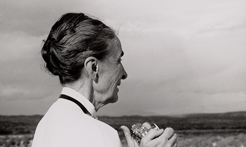 A black and white photo of the side of Georgia O'Keeffe's head. She's holding a camera.