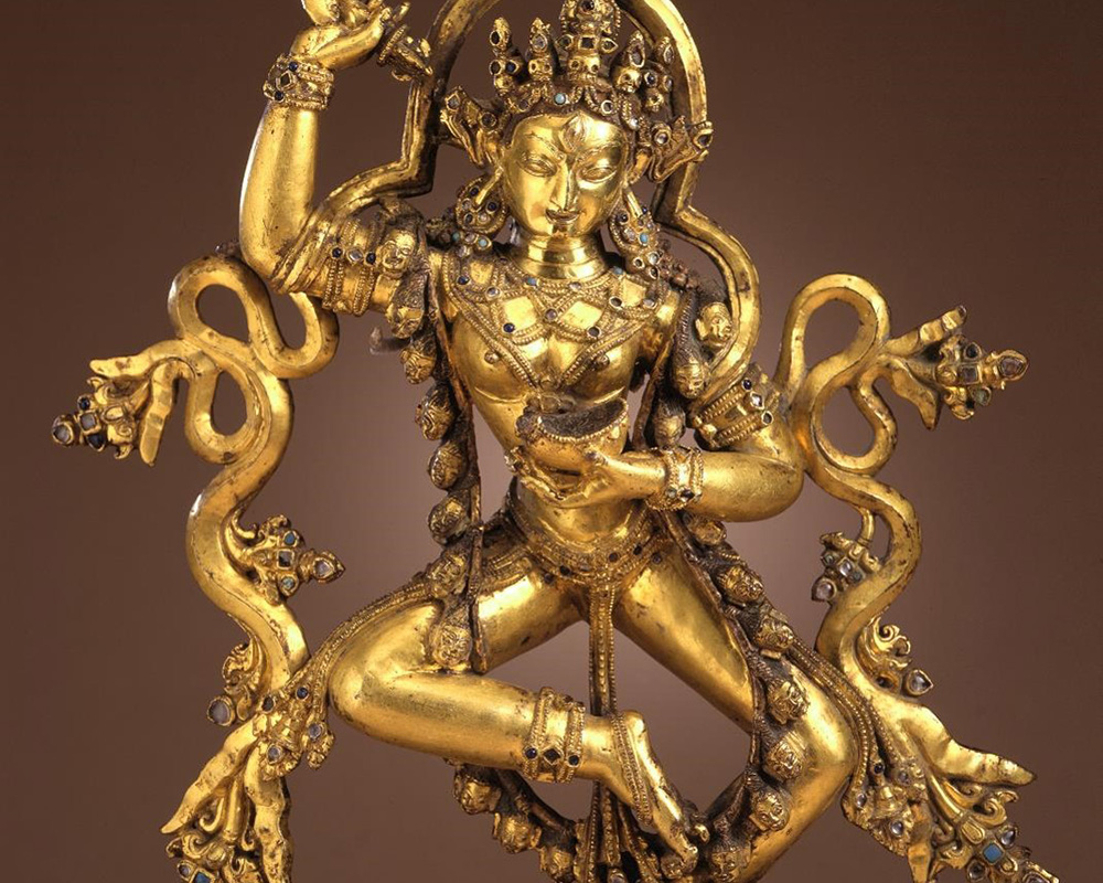 The Buddhist Deity Vajravarahi, circa 1400–1500, Tibet; probably Densatil Monastery, copper alloy with gilding, gemstones, and traces of paint, Los Angeles County Museum of Art, Purchased by the Los Angeles County Museum of Art Board of Trustees in honor of Dr. Pratapaditya Pal, Senior Curator of Indian and Southeast Asian Art, 1970–95, AC1996.4.1