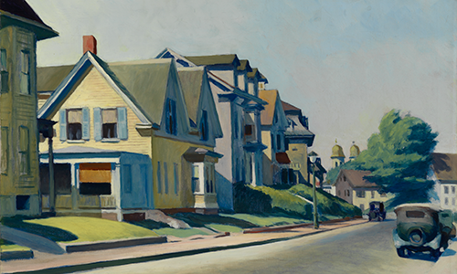 painting of a suburban street with an old car