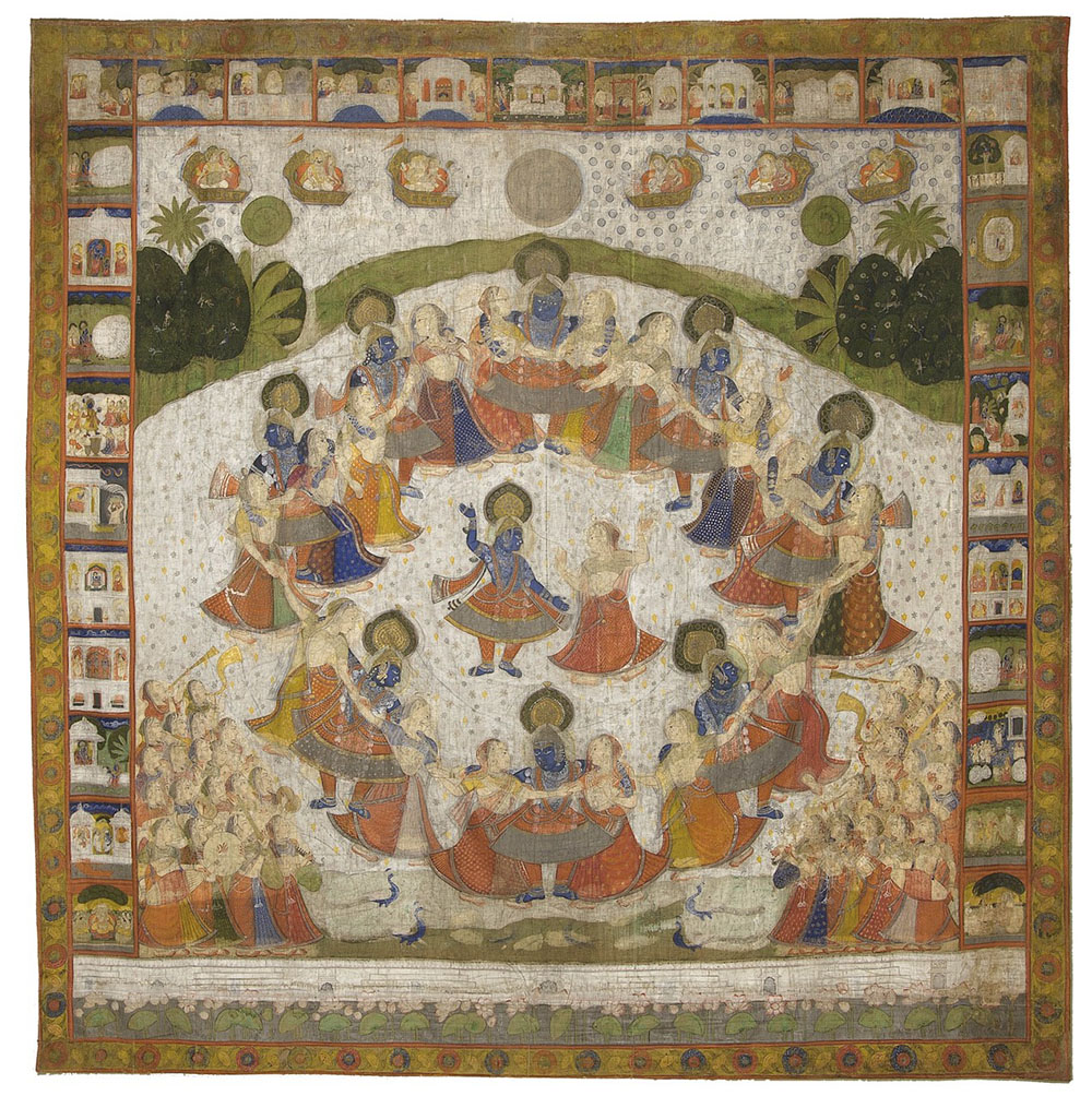 Krishna Dances with the Cowherd Women
circa 1850–1900
India; Rajasthan, Nathadwara
opaque watercolors, gold, and silver on cotton
Alice Bimel Endowment for Asian Art, 2018.115
118 1/8 x 118 1/8 in. (300 x 300 cm)
