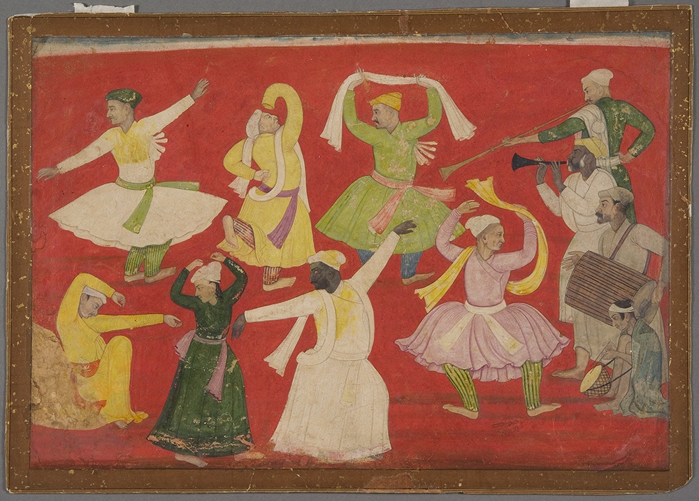 Attributed to Pandit Seu (Indian, 1680–1740)
Dancing Villagers
circa 1730
India, Himachal Pradesh, Guler
opaque watercolors on paper
Los Angeles County Museum of Art, from the Nasli and Alice Heeramaneck Collection, Museum Associates Purchase, M.77.19.24
page: 22.2 x 29.2 cm; painting: 18.4 x 26 cm
