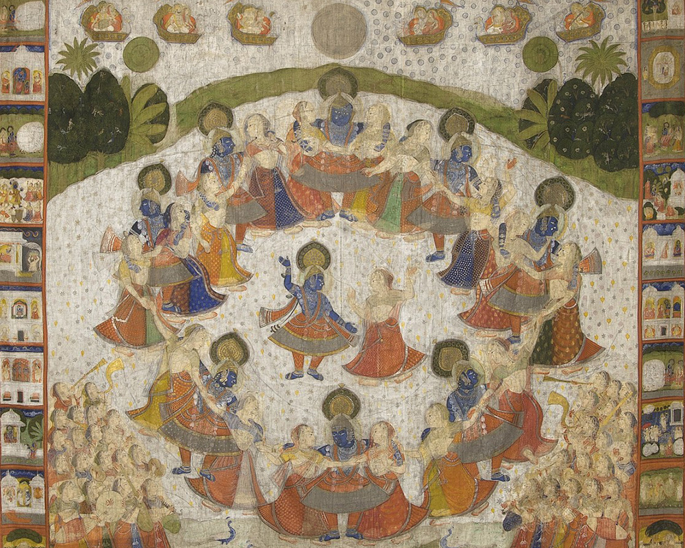Krishna Dances with the Cowherd Women, circa 1850–1900, India; Rajasthan, Nathadwara, opaque watercolors, gold, and silver on cotton, Alice Bimel Endowment for Asian Art, 2018.115