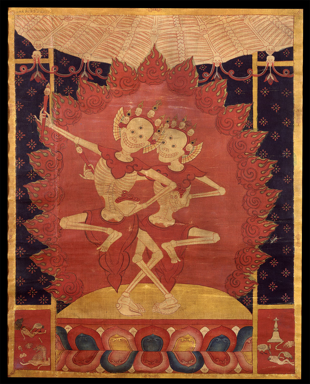 The Lords of the Cremation Ground Dancing, circa 1400–1500, Tibet, pigments and gold on cotton, Rubin Museum of Art, F1996.16.