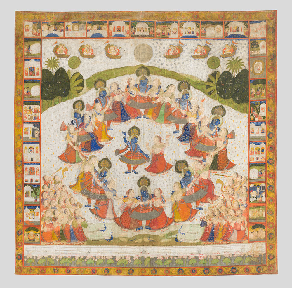 Krishna Dances with the Cowherd Women, circa 1850–1900, India; Rajasthan, Nathadwara, opaque watercolors, gold, and silver on cotton, Cincinnati Art Museum; Alice Bimel Endowment for Asian Art, 2018.115