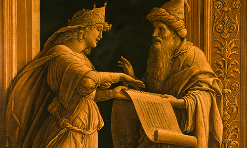 A sepia painting of a woman in a crown discussing a scroll with a bearded man