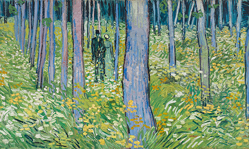 impressionistic painting of two figures walking through a forest covered in flowers