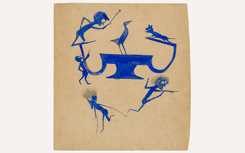 Bill Traylor (American, circa 1853–1949), Exciting Event in Blue: Four Wild Men, Barking Dog, Perched Bird, and Construction, circa 1939–42, tempera, graphite pencil, and ink (or watercolor) on thin cardboard, 14 7/8 x 13 7/8 in. (37.8 x 35.2 cm), Collection of Richard Rosenthal, © Bill Traylor Family Trust