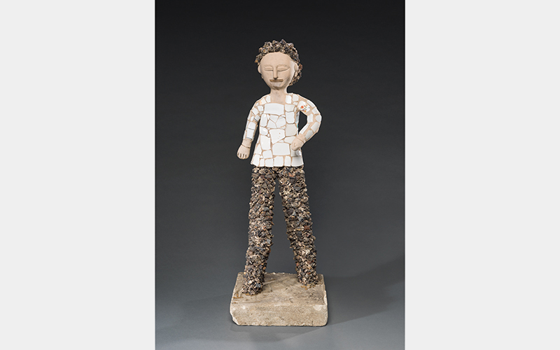 Nek Chand (Indian, 1924–2015), Standing Man, circa 1951–80, painted fired clay, broken china, rocks and concrete, 34 1/2 x 12 x 12 in. (87.6 x 30.5 x 30.5 cm), Collection of Richard Rosenthal © The Nek Chand Foundation