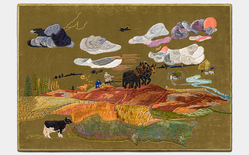 Mary K. Borkowski (American, 1916–2008), Toil, Strength, and Devotion, 1973, hand stitching with silk thread on velvet, 20 1/8 x 29 1/4 in. (51.1 x 74.3 cm), Collection of Richard Rosenthal