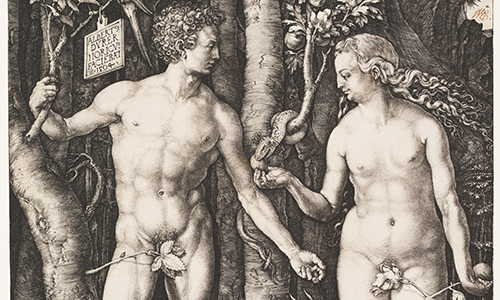black and white engraving of Adam and Eve in the Garden of Eden