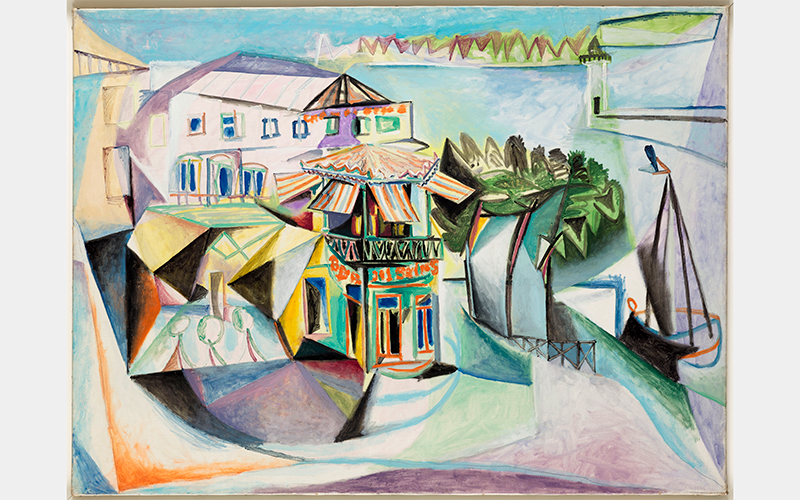 Pablo Picasso (Spanish, 1881-1973) Café in Royan , August 15, 1940 Oil and Ripolin on canvas 38 3/16 x 51 3/16 inches Musée Picasso, Paris Donation Pablo Picasso, 1979, MP187 Image © RMN-Grand Palais / Art Resource, NY Photo: Mathieu Rabeau © 2023 Estate of Pablo Picasso / Artists Rights Society (ARS), New York