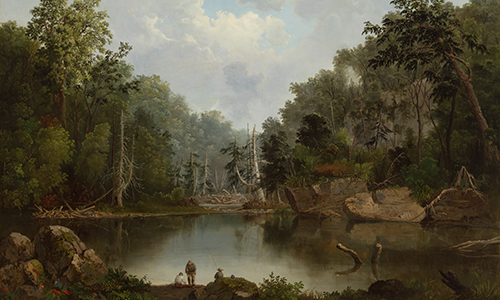 painting of a lake surrounded by woods