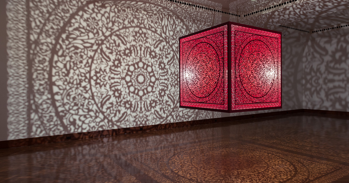 Anila Quayyum Agha (Pakistan/United States, b. 1965), All the Flowers Are for Me (Red), (detail) laser-cut lacquered steel and halogen lightbulb, Alice Bimel Endowment for Asian Art, 2017.7.