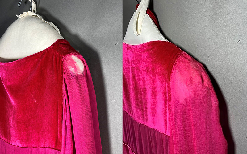 Detail of the proper right shoulder of the dress before treatment (left) and after treatment (right), as viewed from the back.