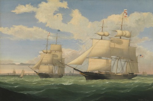 Fitz Henry Lane’s The Ships Winged Arrow and Southern Cross in Boston Harbor, a painting of two large sailboats coming into shore on murky waters