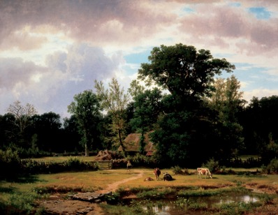 Thomas Worthington Whittedge’s Landscape in Westphalia, a painting of a cottage on a small farm with cows and a pond