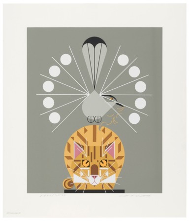Charley Harper’s Catnip, print of a cubist style cat looking up towards a bird