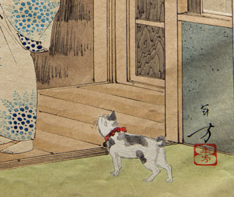 Mizuno Toshikata’s Woman of the Kansei Era Just After the Bath, close up detail of a black and white cat