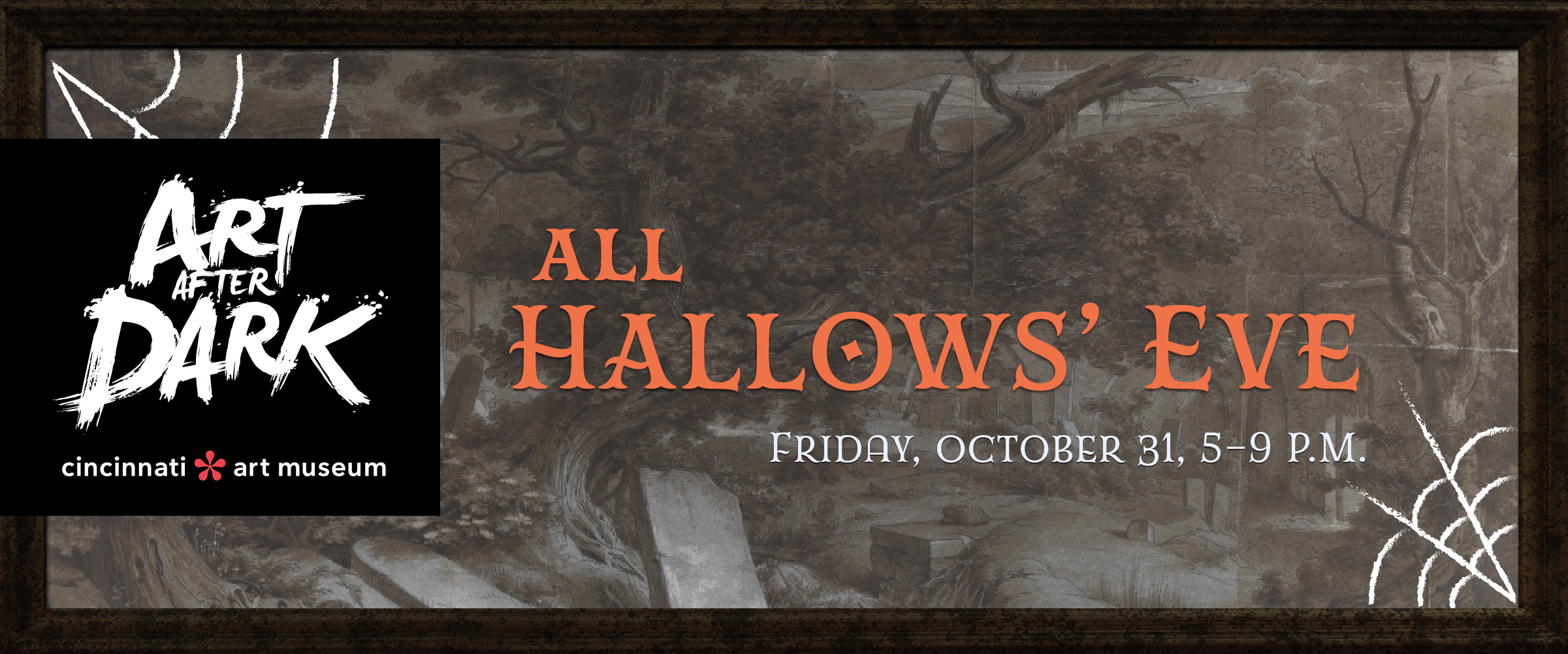 Event graphic for "Art After Dark: All Hallows’ Eve" at the Cincinnati Art Museum, Friday, October 31, 5–9 P.M., featuring a foggy forest background and white spider webs.
