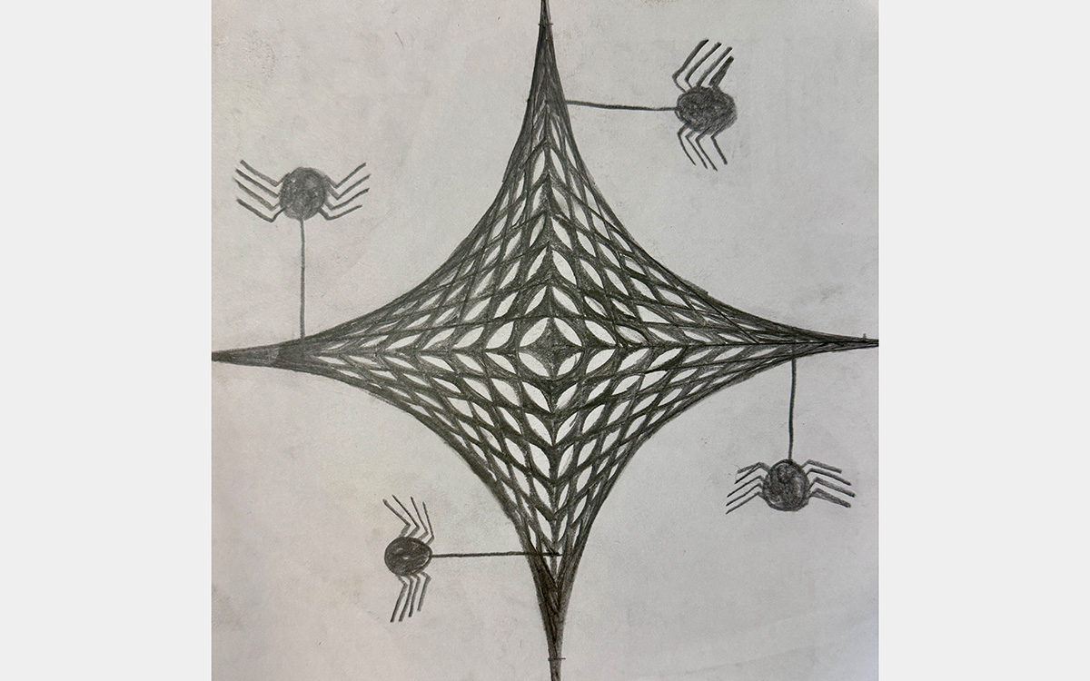 Black and white abstract design with four spider-like silhouettes