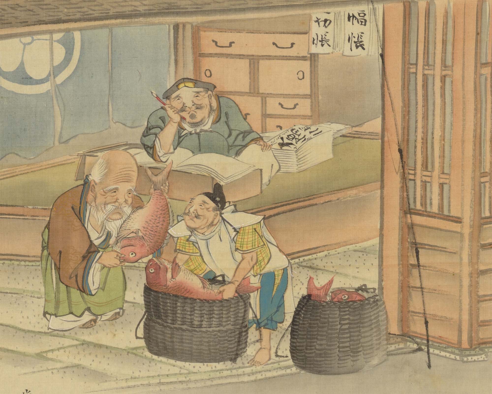 Three old men process big red fish
