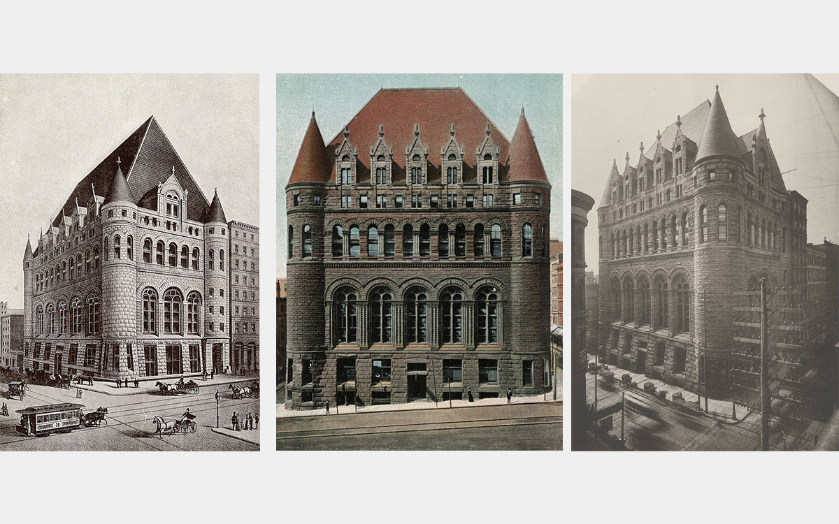 Three views of a large stone building, two in black-and-while and one in color (center)