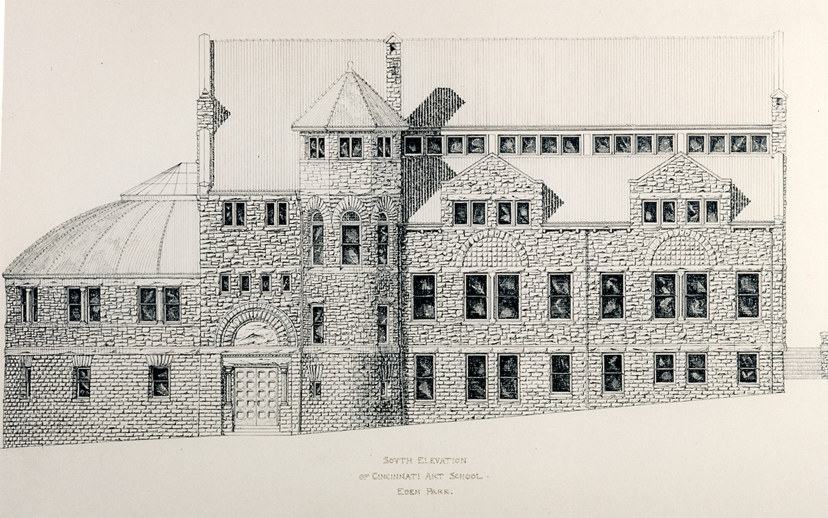 Black and white drawing of a stone building