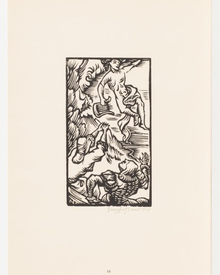 A woman and a man reach up to the sky toward a man carrying a lyre and floating in the air.