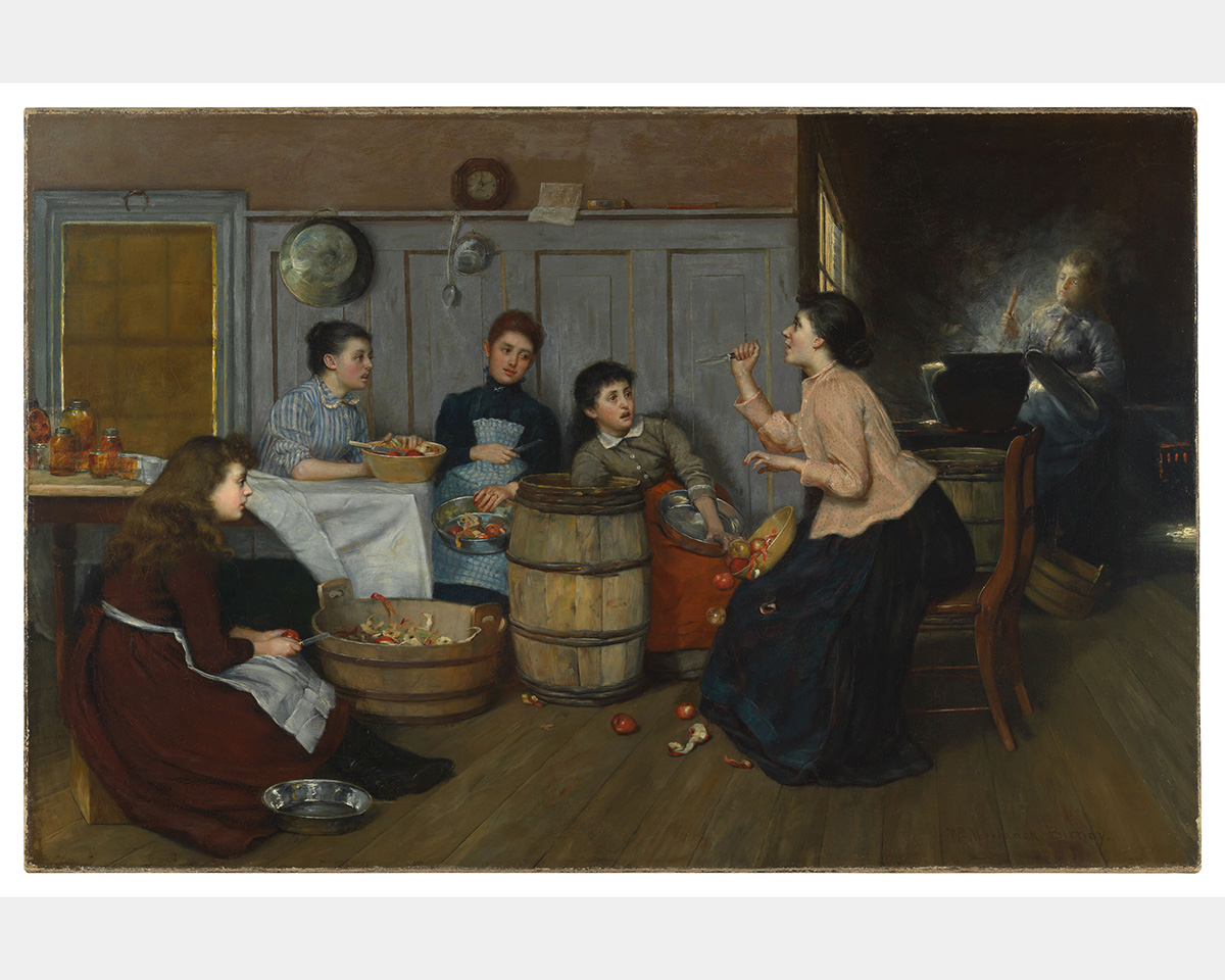 Five women sit in a kitchen and peel apples. One holds while a knife while telling a story and another woman in the background stirs a steaming pot.