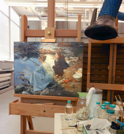 Two Girls Fishing by John Singer Sargent in the conservation lab