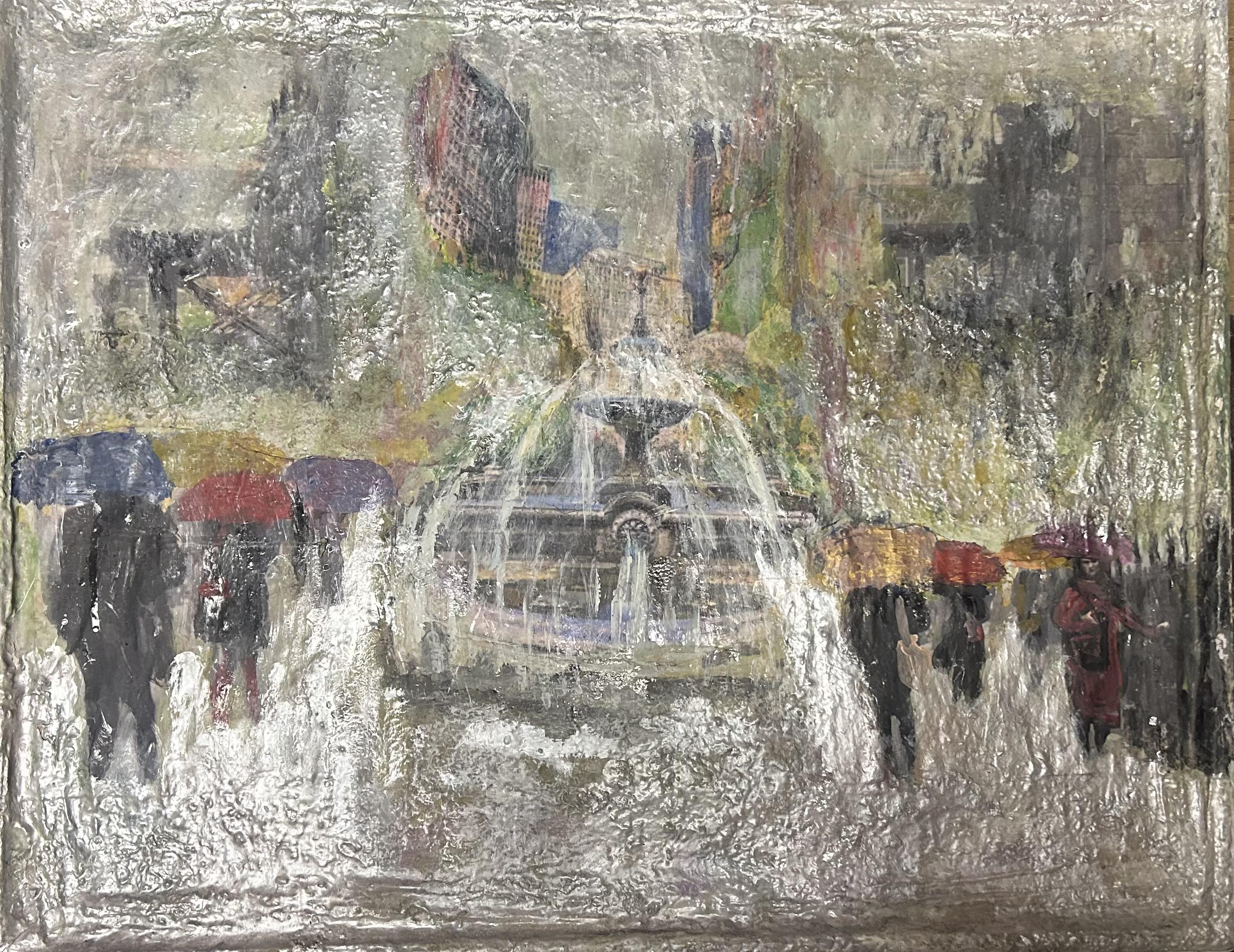 Grainy and hazy image of dark silhouette walking with colorful umbrellas on a rainy day. They exist in a dream like environment with a  flowing fountain and delicate yet vibrantly colored cityscape behind  them.  