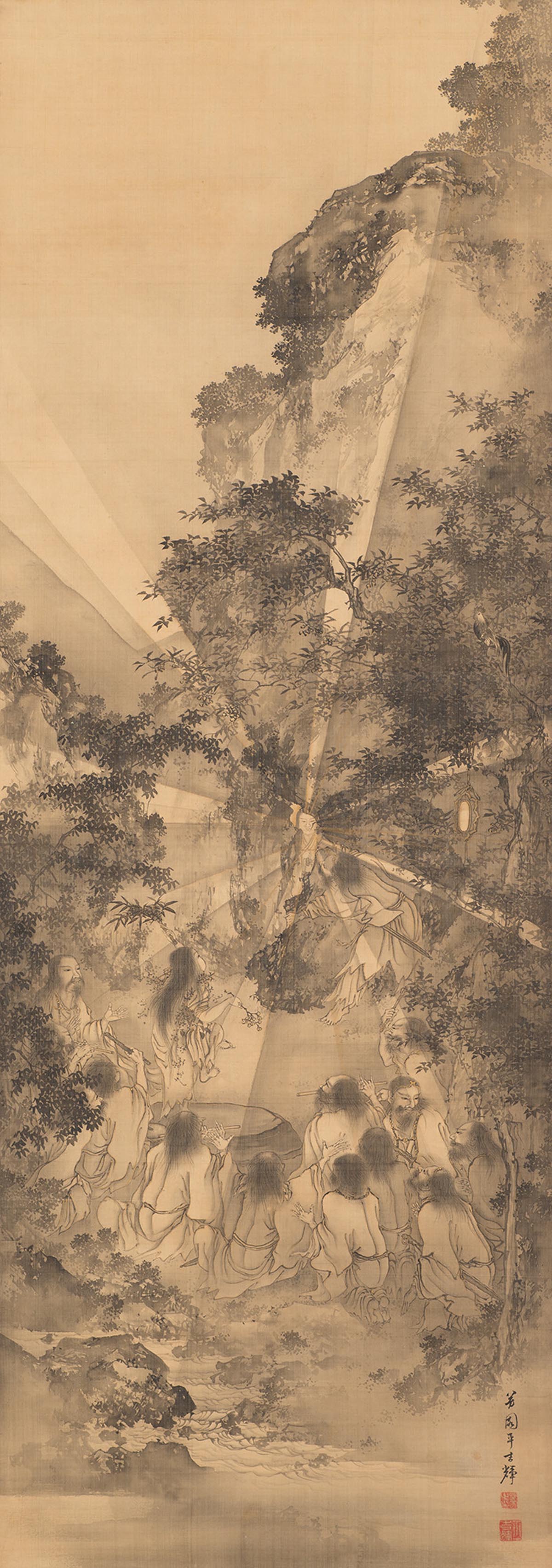 A shining Buddha figure in a forest surrounded by onlookers.