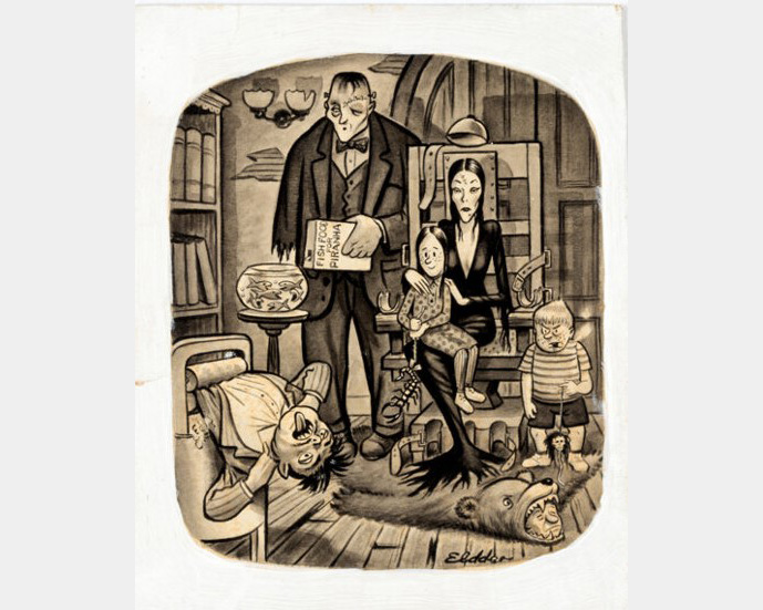 A monochrome illustration of the Adams Family watching a man get squished by a machine