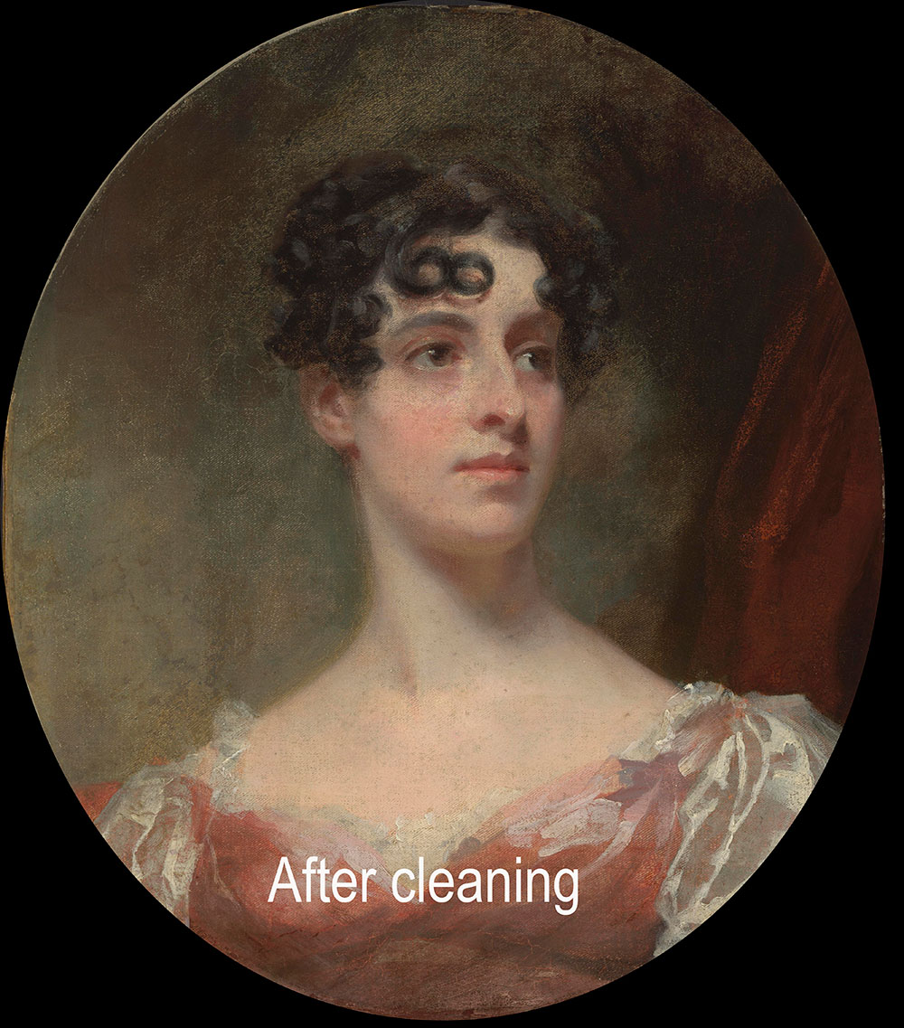 The full painting of the white woman with the words "After cleaning." The painting is no longer very yellowed.