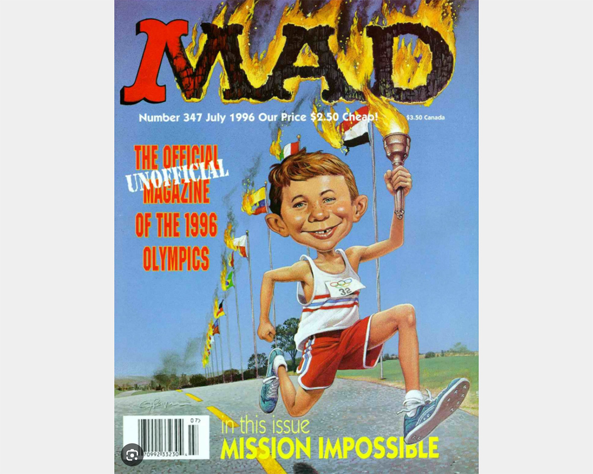 A MAD Magazine cover of a white kid carrying the Olympic torch and lighting everything on fire.