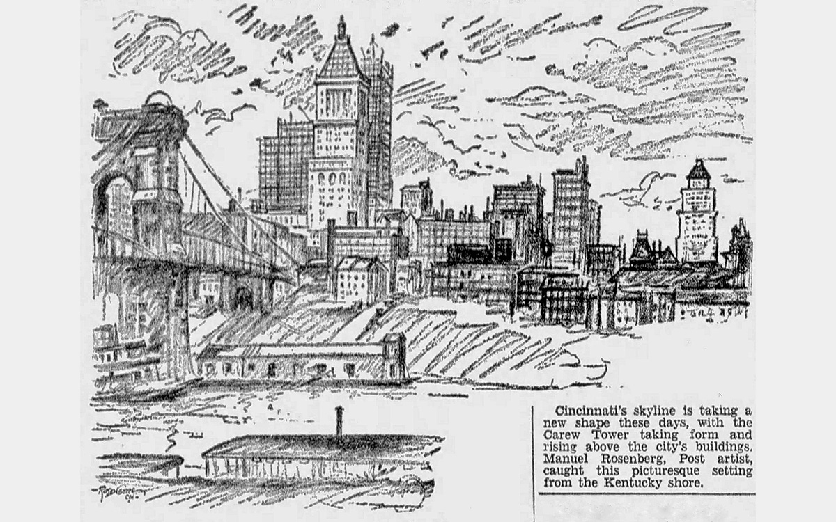 Black and white sketch of Cincinnati skyline from the Ohio River with suspension bridge and skyscrapers, circa 1935.
