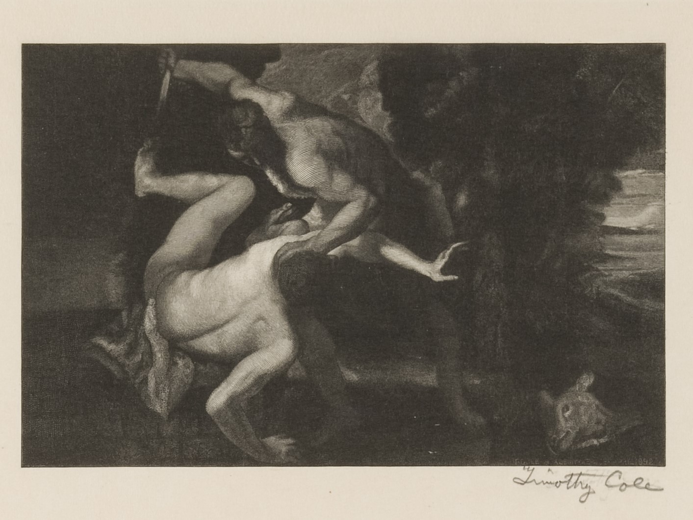 Two male figures fighting in a landscape