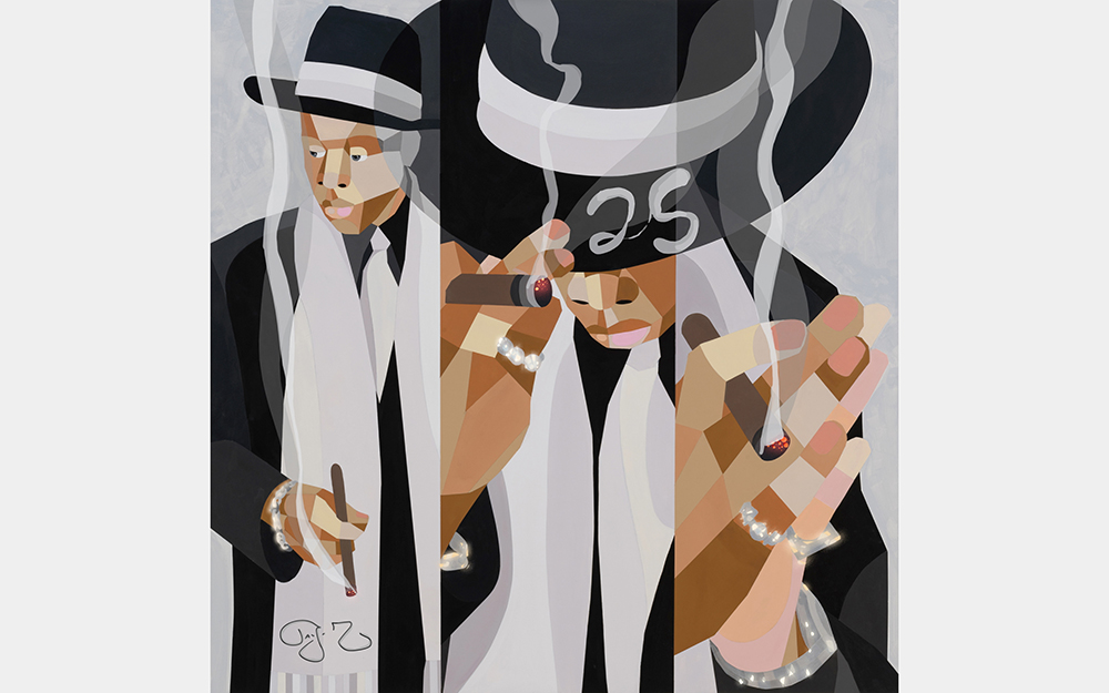 A simple illustration of Jay Z holding a cigar and wearing a hat and scarf. The hat has the number 25 on the brim.