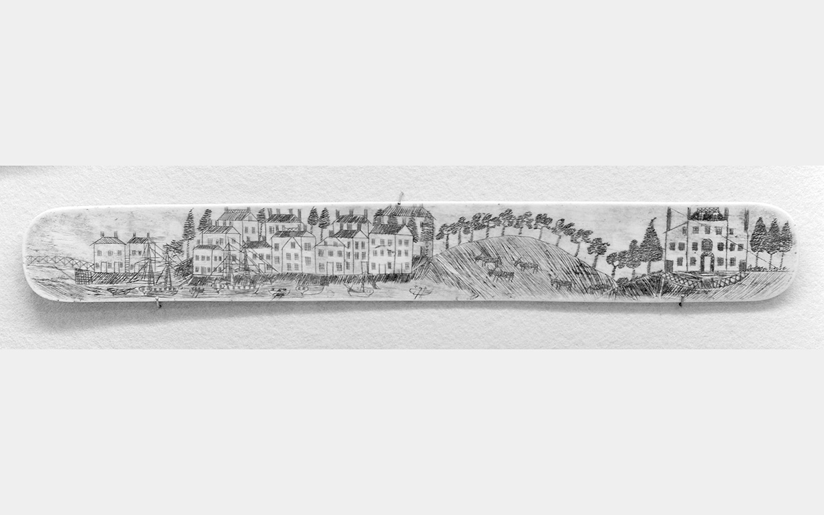 Black and white line drawing of a town on a harbor with a hill and a big house.