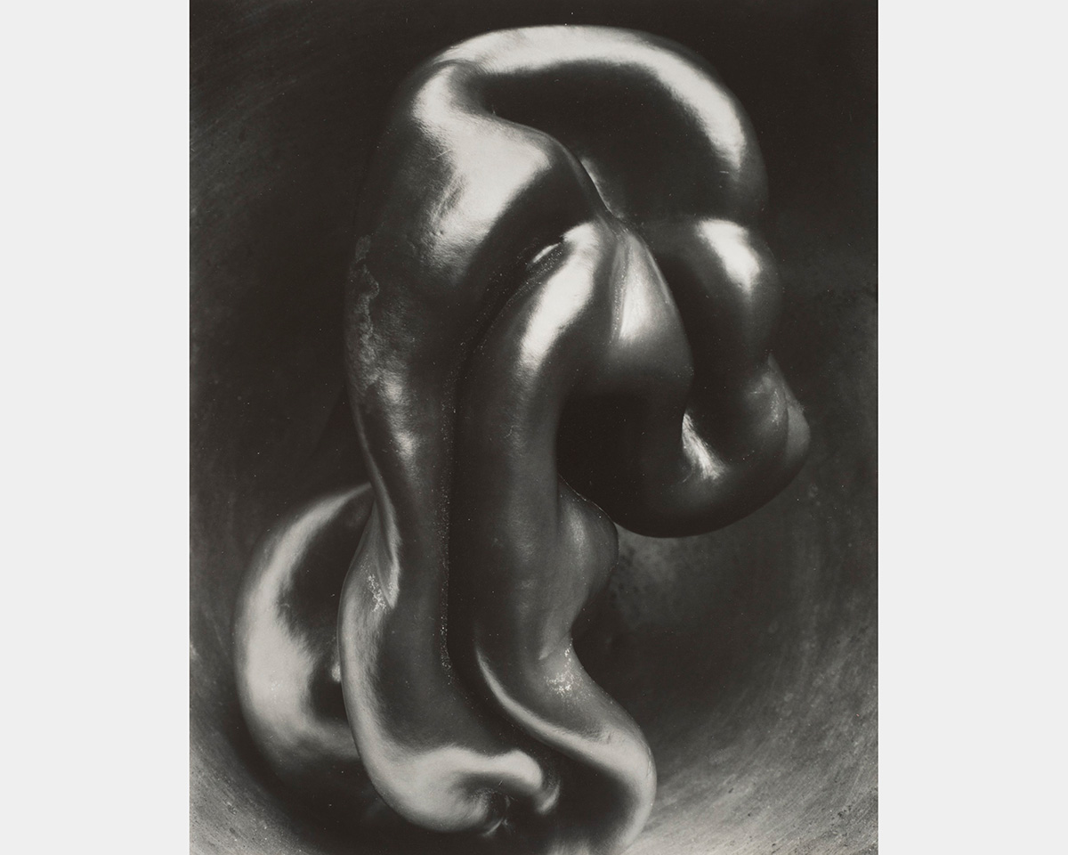 A black and white photo of a twisted pepper