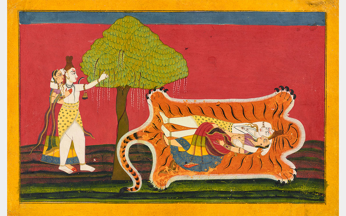 A couple lay on a tiger skin as another couple watches