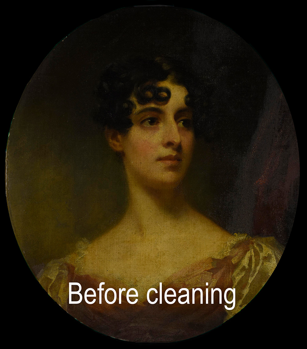 The full painting of the white woman with the words "Before cleaning." The painting is very yellowed.