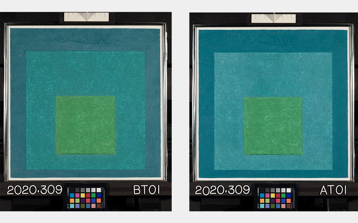 Two square paintings shown side by side