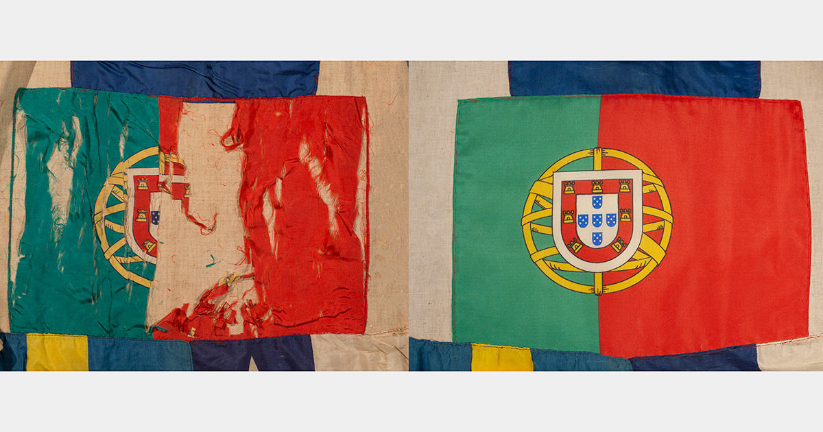 Before treatment (left) and after treatment (right) of the flag Portugal. Treated with digitally-printed facsimile. 