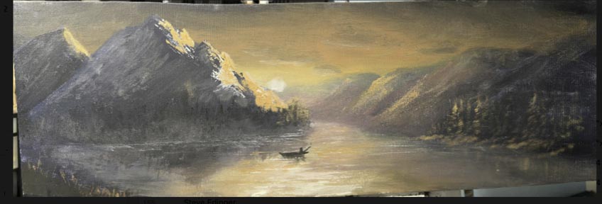A beautiful scene of a body of water within a mountain range during a sunset or sunrise. The piece has a golden yellow, yet greyish hue to it. Spectrums of various colors are visible over the mountains, giving it a hazy feel. There is a small boat in the middle of the painting with a person sitting in it.