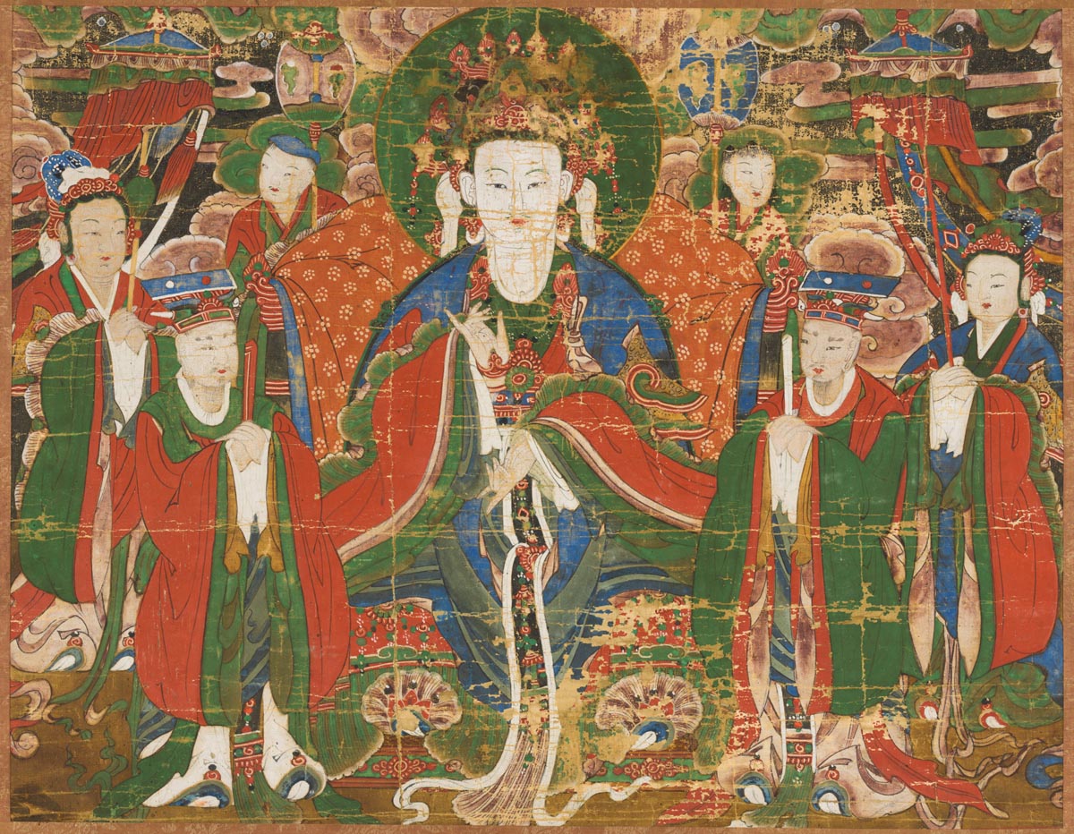 A Buddha seated and surrounded by six of their pupils.