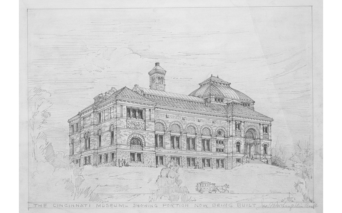 Black and white line drawing of a large stone building on top of a hill