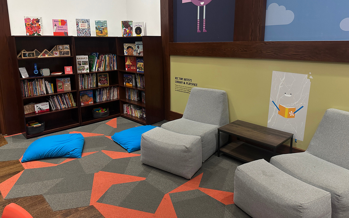 Sofa chairs and pillows on a patterned carpet with book shelfs in background.